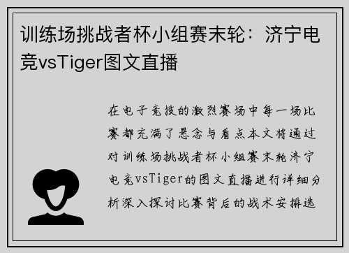 训练场挑战者杯小组赛末轮：济宁电竞vsTiger图文直播
